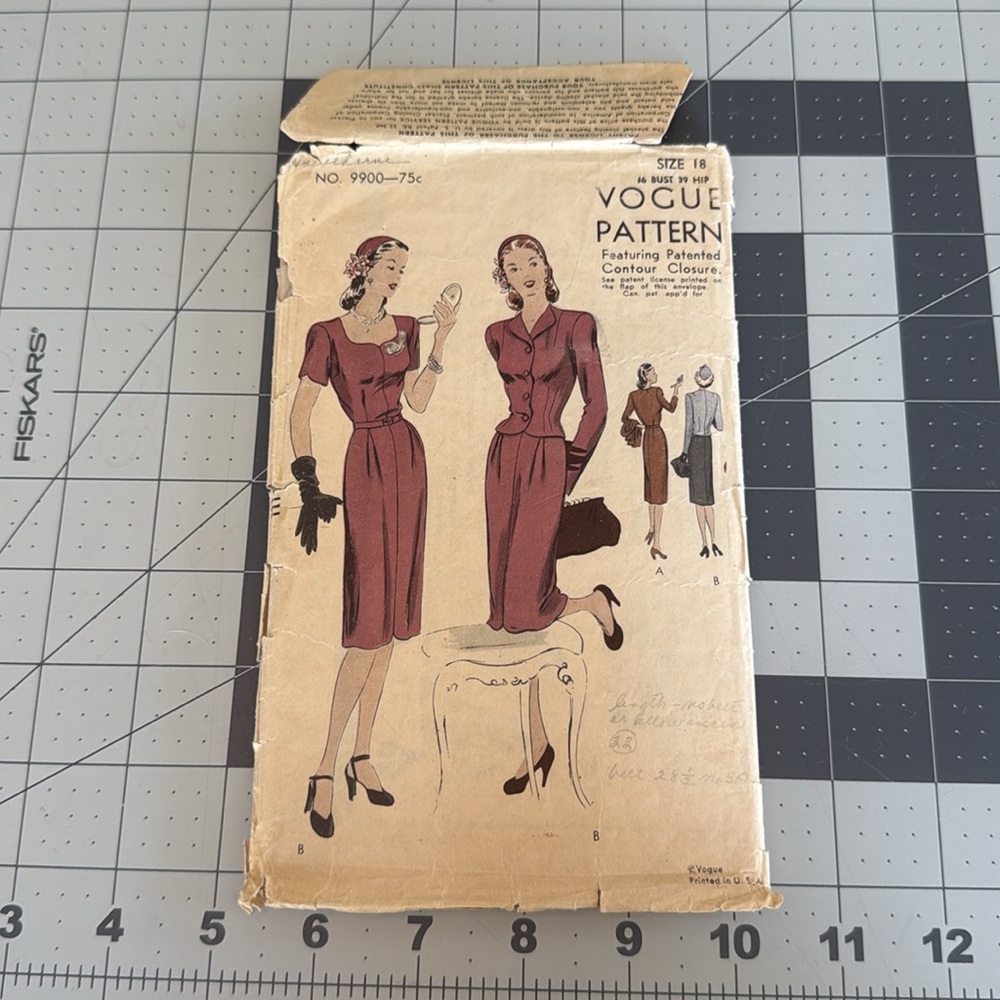 Vogue 9900 Vintage 1940s One-Piece Dress & Jacket Pattern – Size 18 (Bust 36)